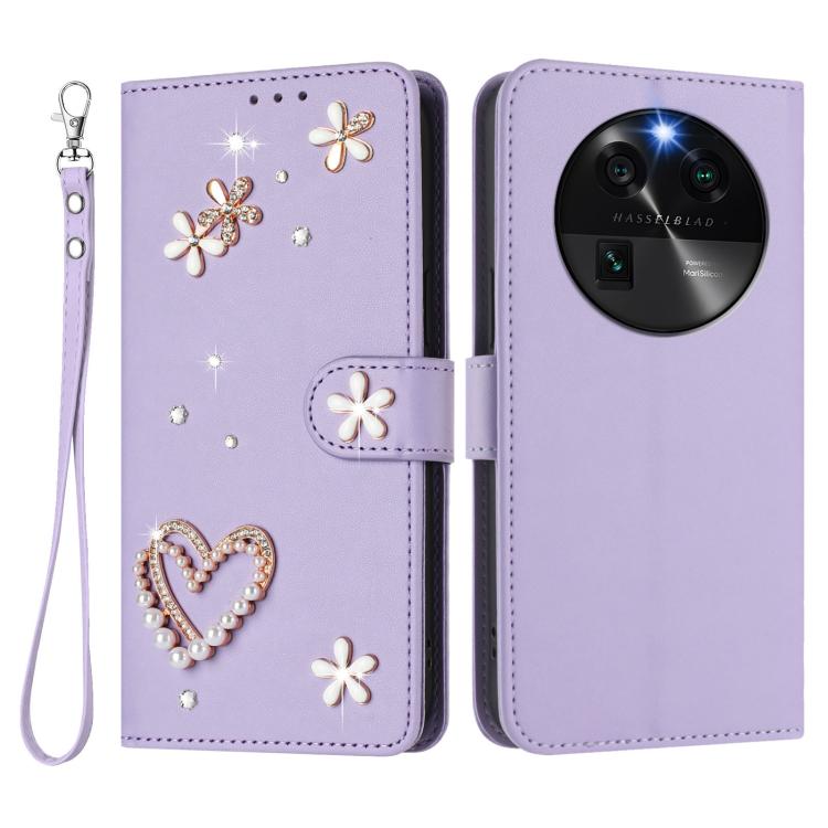 For OPPO Find X6 5G Global ZS01 Double-Layer Heart Floral Vegan Leather Phone Case with Wrist Strap