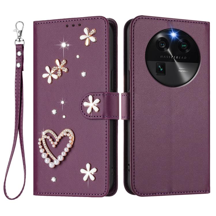 For OPPO Find X6 5G Global ZS01 Double-Layer Heart Floral Vegan Leather Phone Case with Wrist Strap