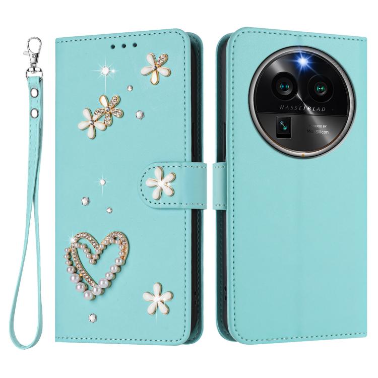 For OPPO Find X6 Pro 5G Global ZS01 Double-Layer Heart Floral Vegan Leather Phone Case with Wrist Strap