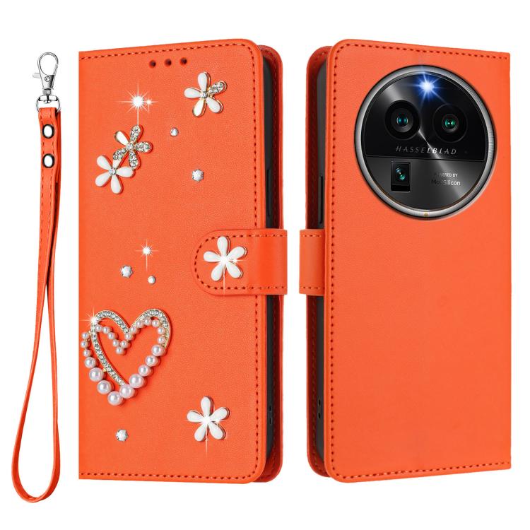 For OPPO Find X6 Pro 5G Global ZS01 Double-Layer Heart Floral Vegan Leather Phone Case with Wrist Strap