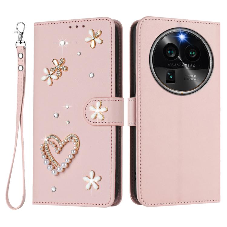 For OPPO Find X6 Pro 5G Global ZS01 Double-Layer Heart Floral Vegan Leather Phone Case with Wrist Strap