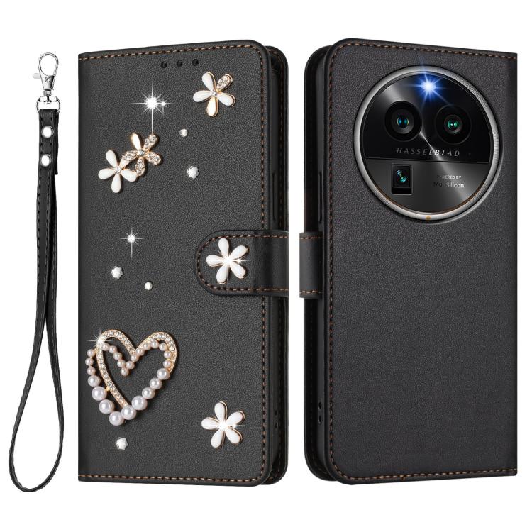 For OPPO Find X6 Pro 5G Global ZS01 Double-Layer Heart Floral Vegan Leather Phone Case with Wrist Strap