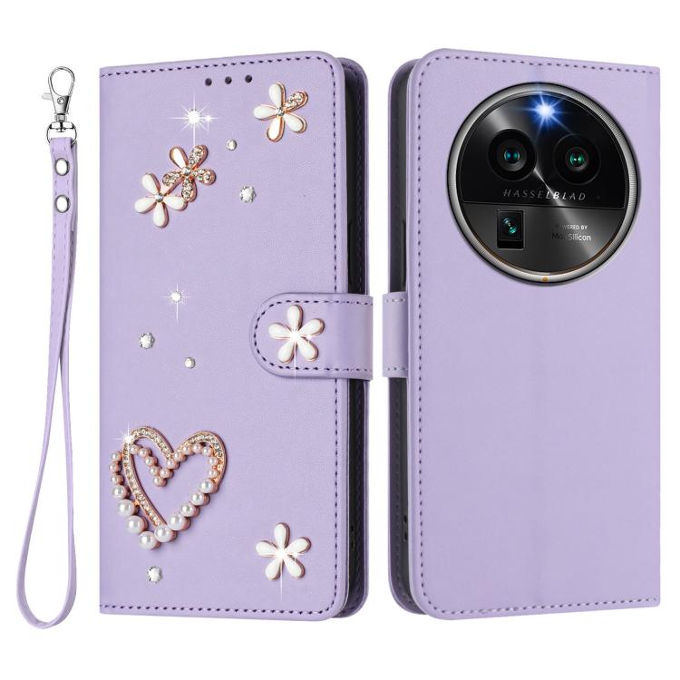 For OPPO Find X6 Pro 5G Global ZS01 Double-Layer Heart Floral Vegan Leather Phone Case with Wrist Strap