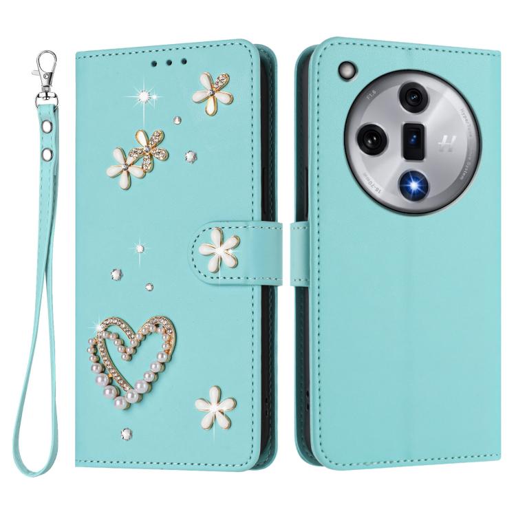 For OPPO Find X7 ZS01 Double-Layer Heart Floral Vegan Leather Phone Case with Wrist Strap