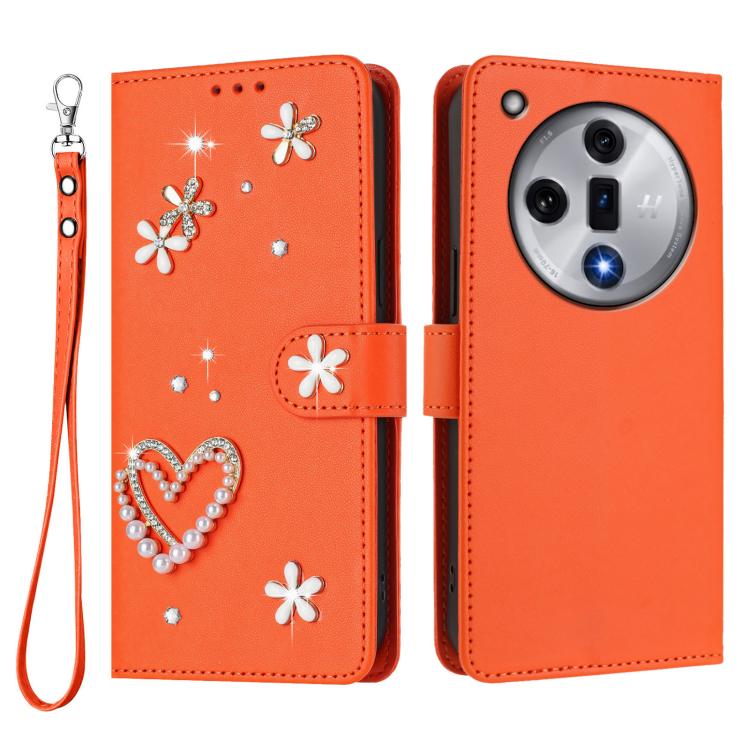 For OPPO Find X7 ZS01 Double-Layer Heart Floral Vegan Leather Phone Case with Wrist Strap