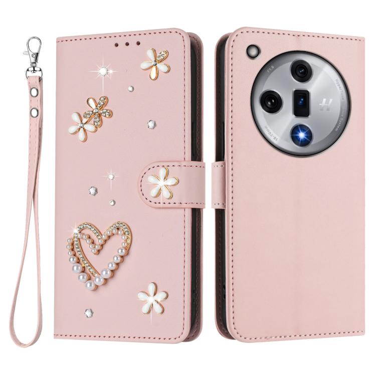 For OPPO Find X7 ZS01 Double-Layer Heart Floral Vegan Leather Phone Case with Wrist Strap