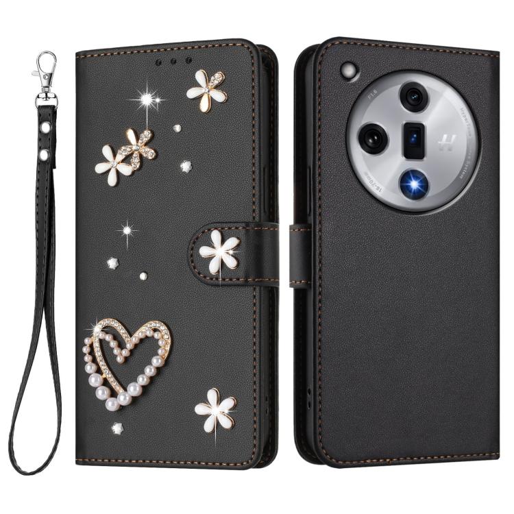 For OPPO Find X7 ZS01 Double-Layer Heart Floral Vegan Leather Phone Case with Wrist Strap
