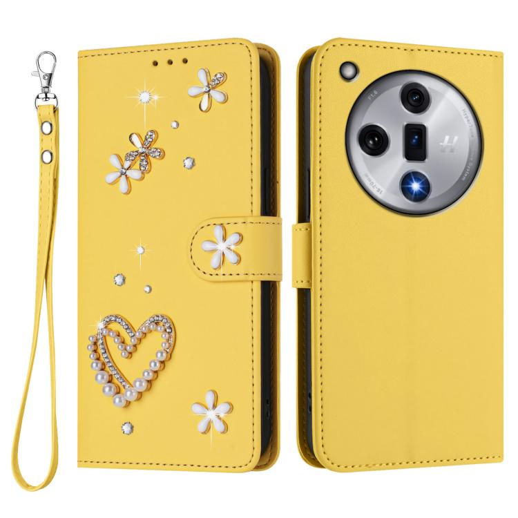 For OPPO Find X7 ZS01 Double-Layer Heart Floral Vegan Leather Phone Case with Wrist Strap