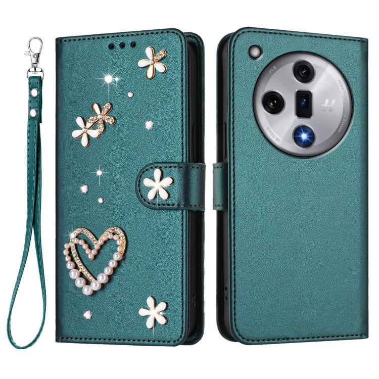 For OPPO Find X7 ZS01 Double-Layer Heart Floral Vegan Leather Phone Case with Wrist Strap