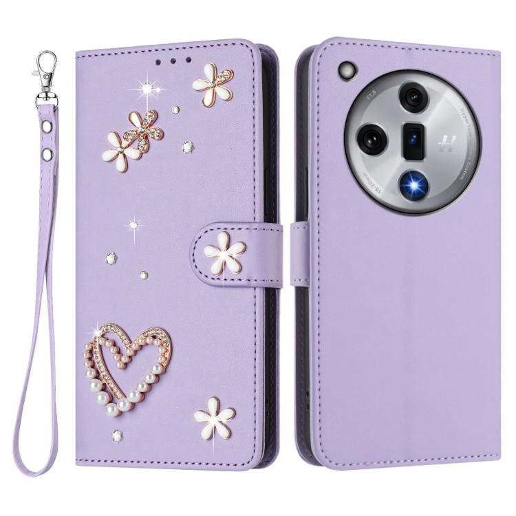 For OPPO Find X7 ZS01 Double-Layer Heart Floral Vegan Leather Phone Case with Wrist Strap