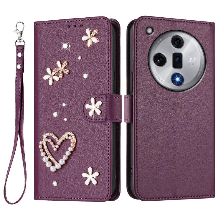 For OPPO Find X7 ZS01 Double-Layer Heart Floral Vegan Leather Phone Case with Wrist Strap