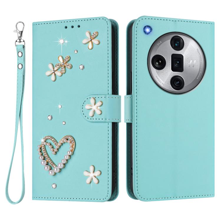 For OPPO Find X7 Ultra ZS01 Double-Layer Heart Floral Vegan Leather Phone Case with Wrist Strap