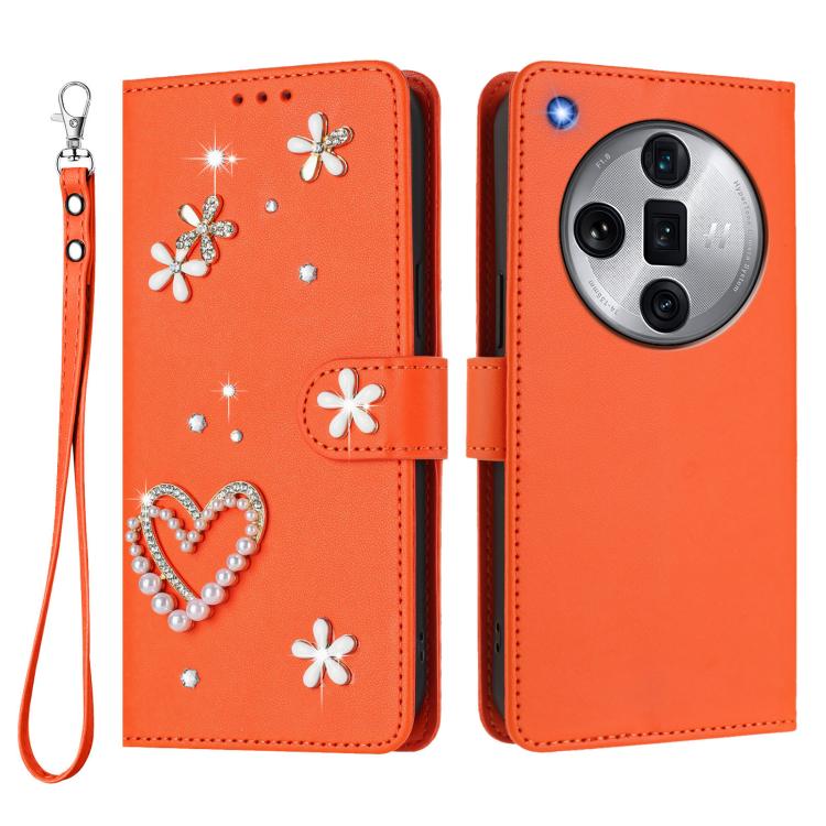For OPPO Find X7 Ultra ZS01 Double-Layer Heart Floral Vegan Leather Phone Case with Wrist Strap