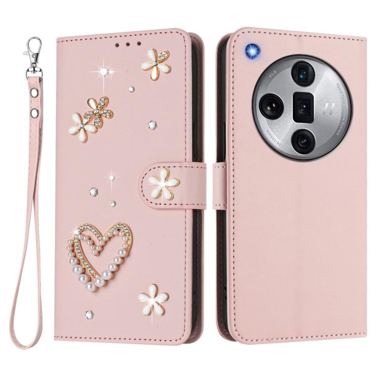 For OPPO Find X7 Ultra ZS01 Double-Layer Heart Floral Vegan Leather Phone Case with Wrist Strap