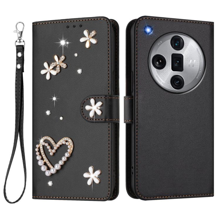 For OPPO Find X7 Ultra ZS01 Double-Layer Heart Floral Vegan Leather Phone Case with Wrist Strap