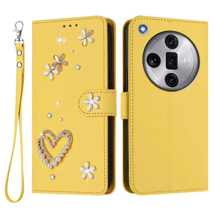 For OPPO Find X7 Ultra ZS01 Double-Layer Heart Floral Vegan Leather Phone Case with Wrist Strap