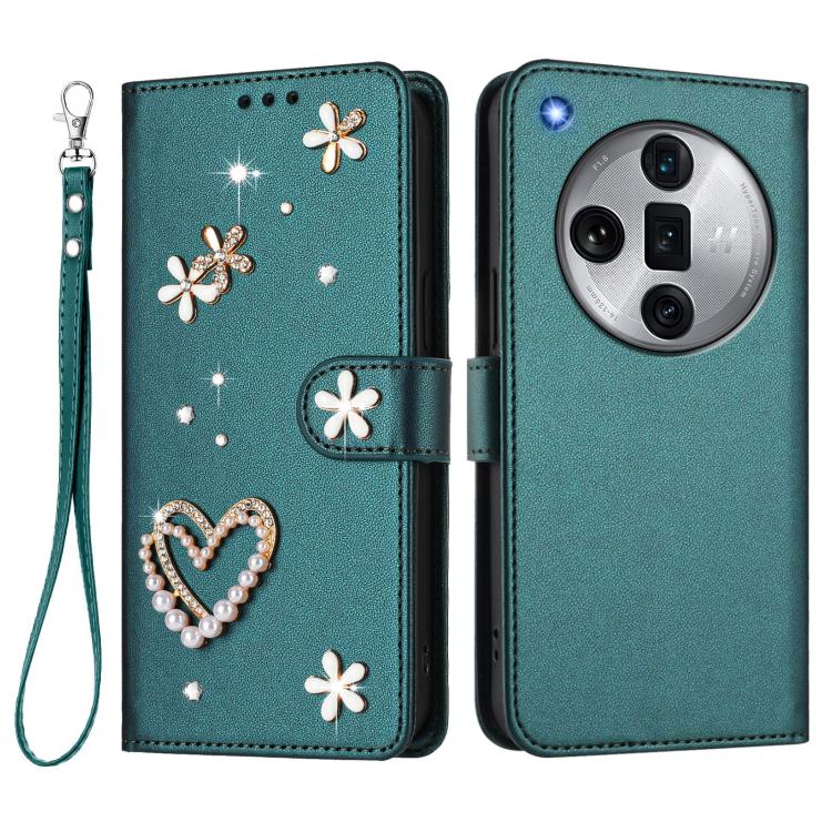 For OPPO Find X7 Ultra ZS01 Double-Layer Heart Floral Vegan Leather Phone Case with Wrist Strap