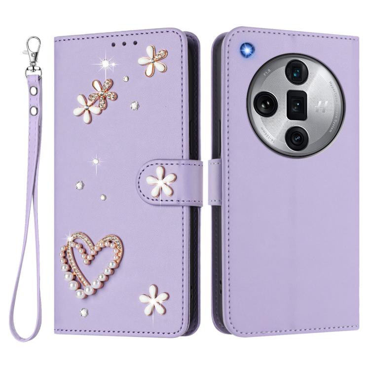 For OPPO Find X7 Ultra ZS01 Double-Layer Heart Floral Vegan Leather Phone Case with Wrist Strap