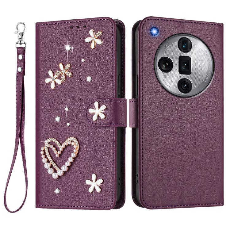 For OPPO Find X7 Ultra ZS01 Double-Layer Heart Floral Vegan Leather Phone Case with Wrist Strap