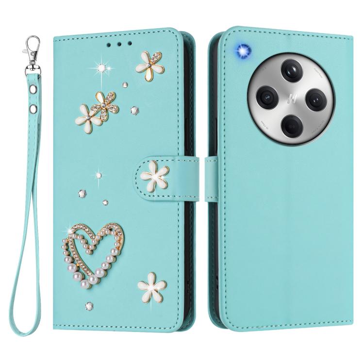 For OPPO Find X8 5G Global ZS01 Double-Layer Heart Floral Vegan Leather Phone Case with Wrist Strap