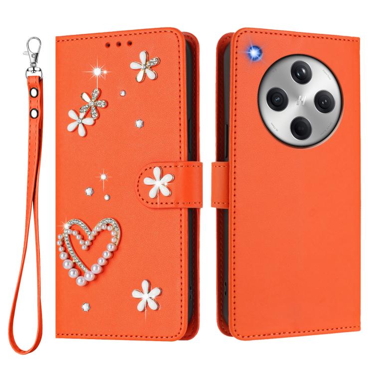 For OPPO Find X8 5G Global ZS01 Double-Layer Heart Floral Vegan Leather Phone Case with Wrist Strap