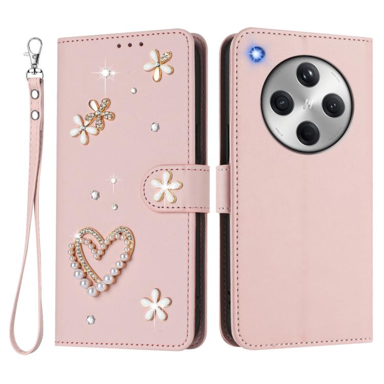 For OPPO Find X8 5G Global ZS01 Double-Layer Heart Floral Vegan Leather Phone Case with Wrist Strap