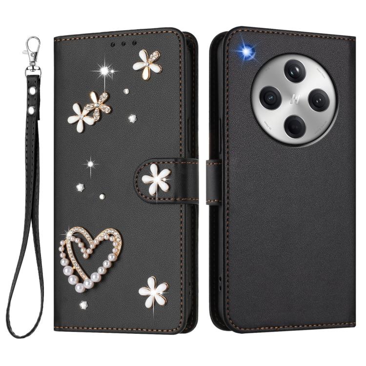 For OPPO Find X8 5G Global ZS01 Double-Layer Heart Floral Vegan Leather Phone Case with Wrist Strap