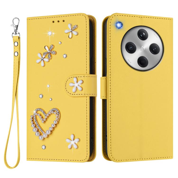 For OPPO Find X8 5G Global ZS01 Double-Layer Heart Floral Vegan Leather Phone Case with Wrist Strap