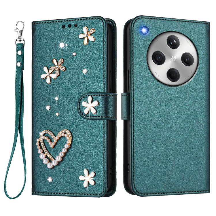 For OPPO Find X8 5G Global ZS01 Double-Layer Heart Floral Vegan Leather Phone Case with Wrist Strap