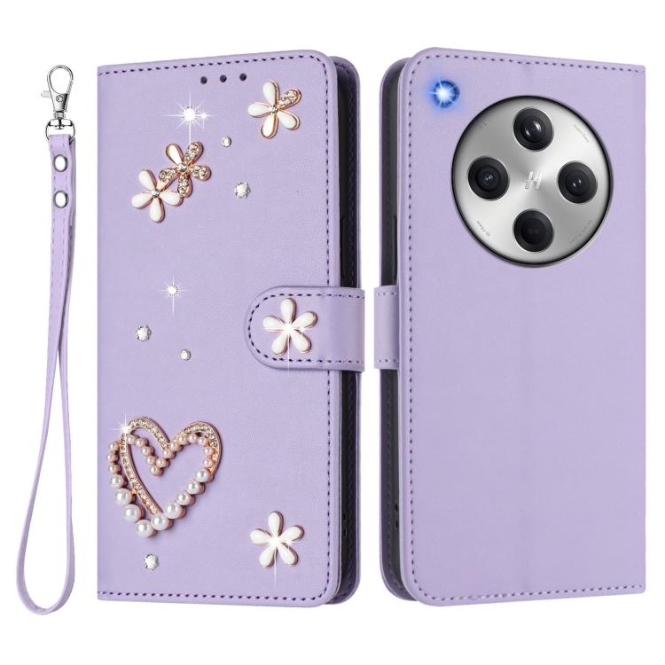 For OPPO Find X8 5G Global ZS01 Double-Layer Heart Floral Vegan Leather Phone Case with Wrist Strap