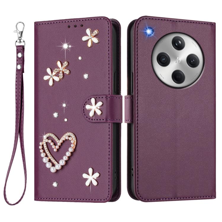For OPPO Find X8 5G Global ZS01 Double-Layer Heart Floral Vegan Leather Phone Case with Wrist Strap