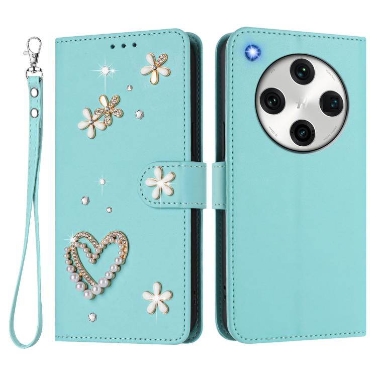 For OPPO Find X8 Pro 5G Global ZS01 Double-Layer Heart Floral Vegan Leather Phone Case with Wrist Strap