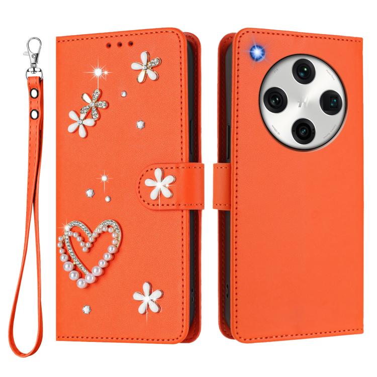 For OPPO Find X8 Pro 5G Global ZS01 Double-Layer Heart Floral Vegan Leather Phone Case with Wrist Strap