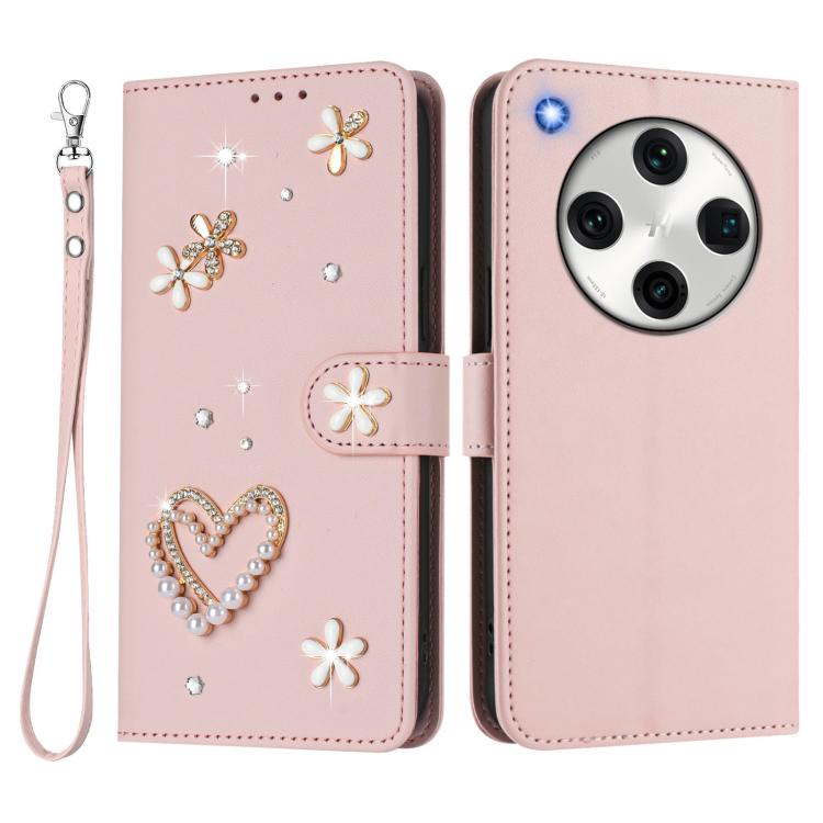 For OPPO Find X8 Pro 5G Global ZS01 Double-Layer Heart Floral Vegan Leather Phone Case with Wrist Strap