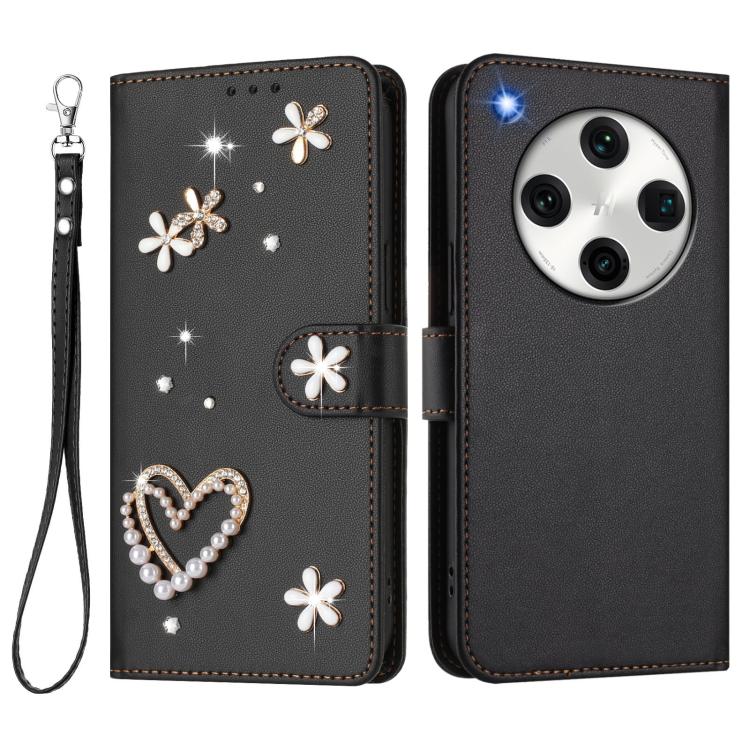 For OPPO Find X8 Pro 5G Global ZS01 Double-Layer Heart Floral Vegan Leather Phone Case with Wrist Strap