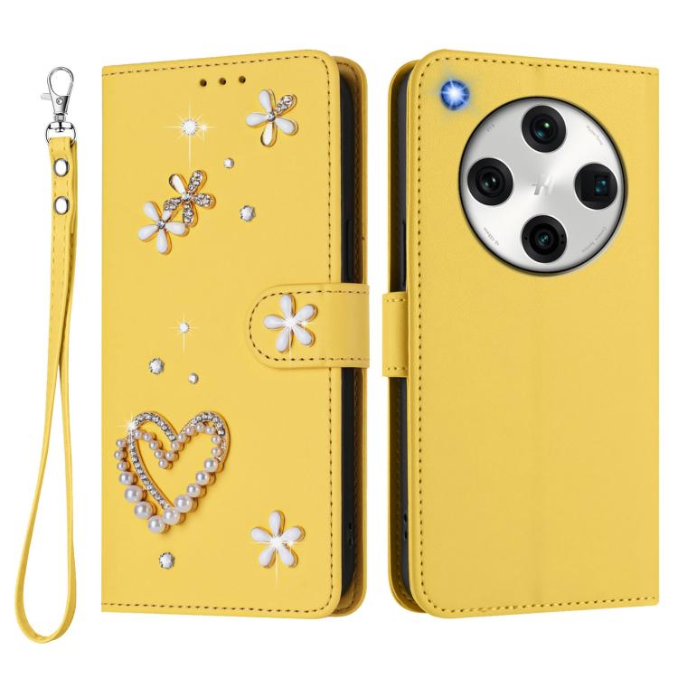For OPPO Find X8 Pro 5G Global ZS01 Double-Layer Heart Floral Vegan Leather Phone Case with Wrist Strap