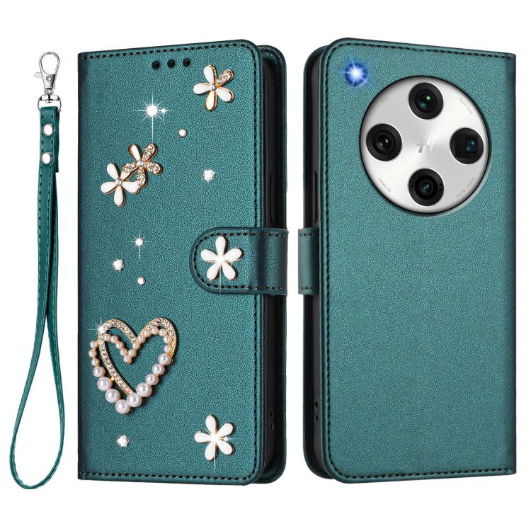 For OPPO Find X8 Pro 5G Global ZS01 Double-Layer Heart Floral Vegan Leather Phone Case with Wrist Strap