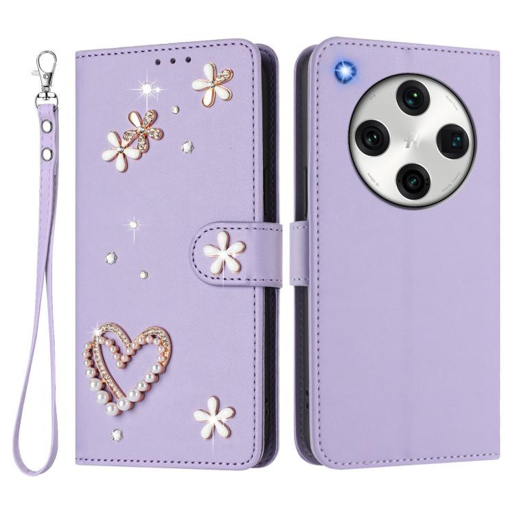 For OPPO Find X8 Pro 5G Global ZS01 Double-Layer Heart Floral Vegan Leather Phone Case with Wrist Strap