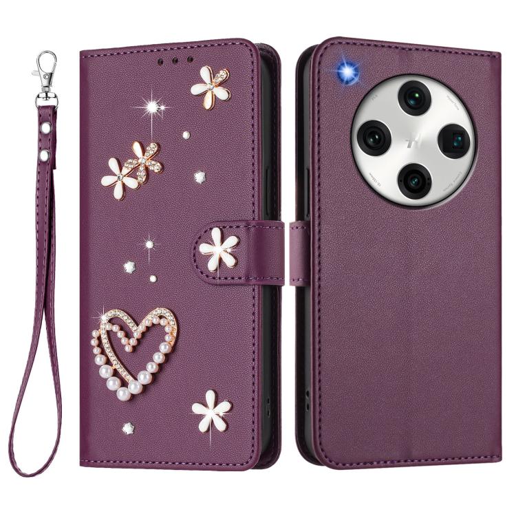For OPPO Find X8 Pro 5G Global ZS01 Double-Layer Heart Floral Vegan Leather Phone Case with Wrist Strap