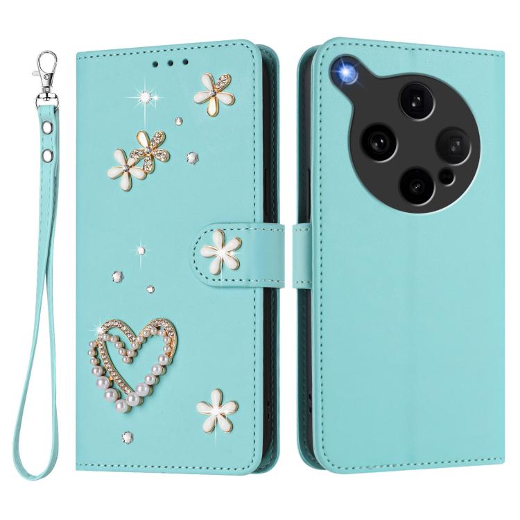 For OPPO Find X8 Ultra 5G ZS01 Double-Layer Heart Floral Vegan Leather Phone Case with Wrist Strap