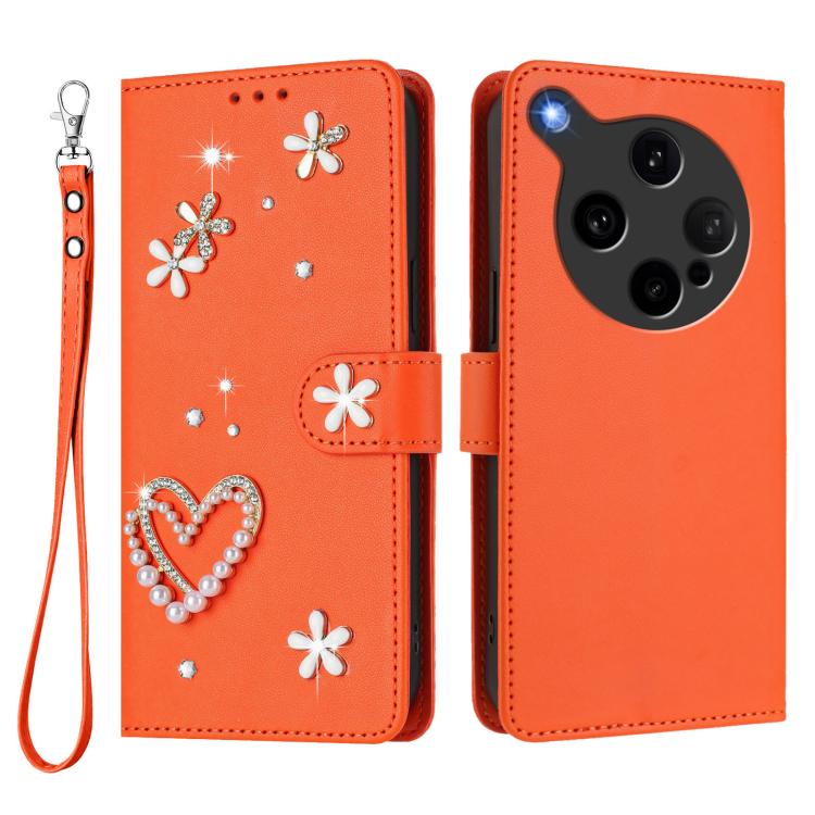 For OPPO Find X8 Ultra 5G ZS01 Double-Layer Heart Floral Vegan Leather Phone Case with Wrist Strap