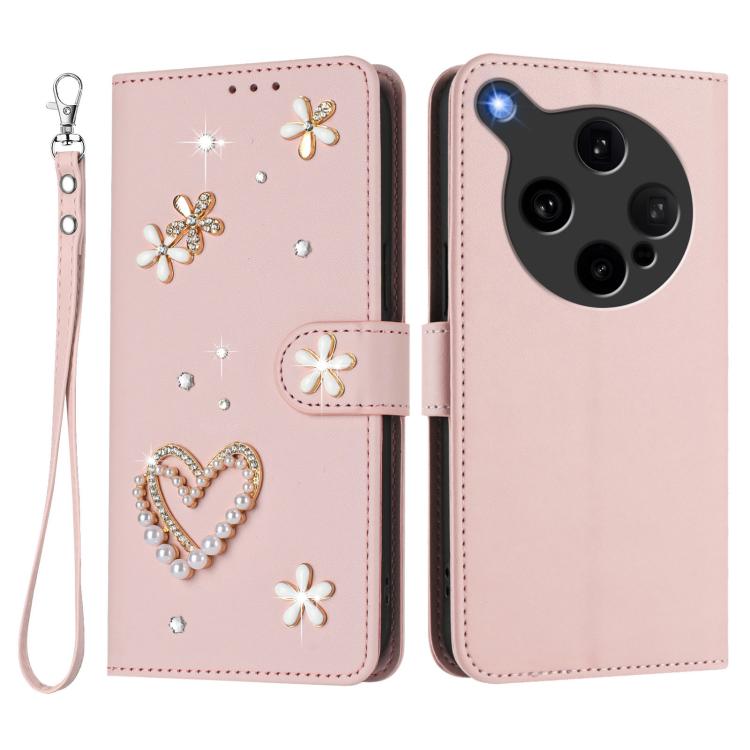 For OPPO Find X8 Ultra 5G ZS01 Double-Layer Heart Floral Vegan Leather Phone Case with Wrist Strap