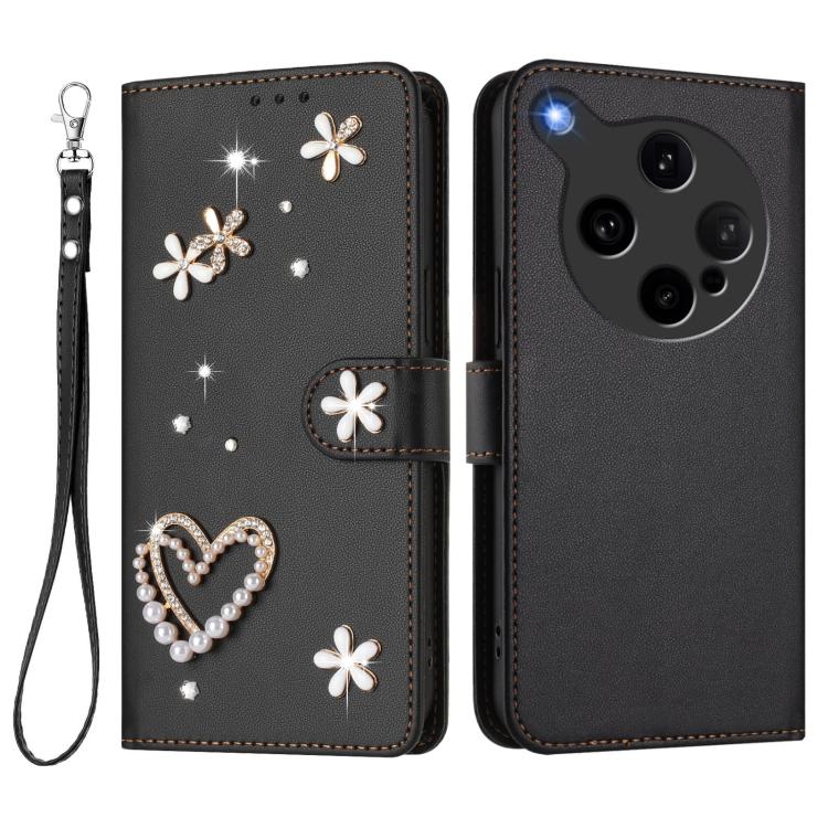 For OPPO Find X8 Ultra 5G ZS01 Double-Layer Heart Floral Vegan Leather Phone Case with Wrist Strap