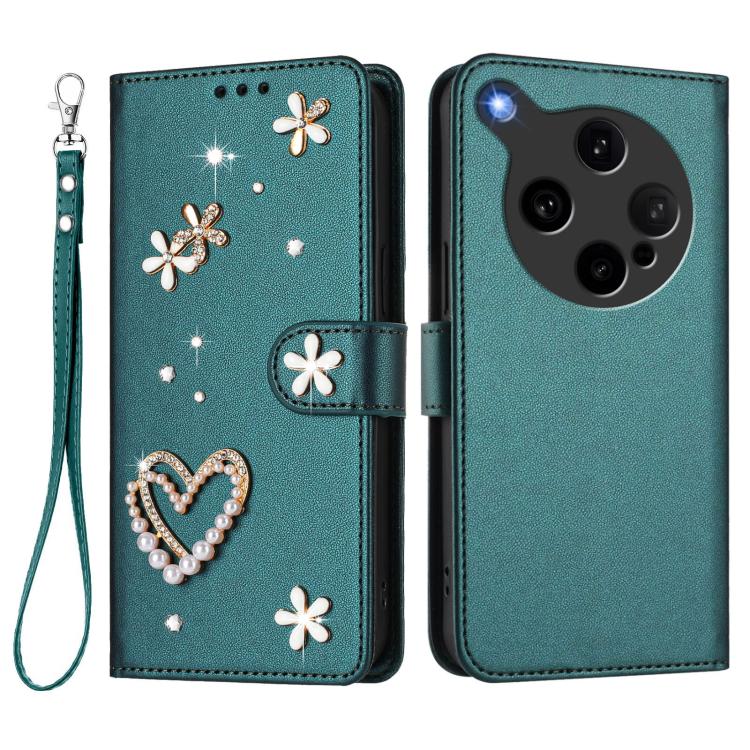 For OPPO Find X8 Ultra 5G ZS01 Double-Layer Heart Floral Vegan Leather Phone Case with Wrist Strap
