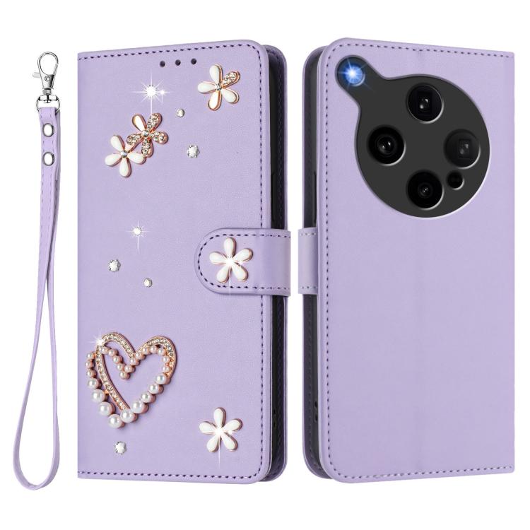 For OPPO Find X8 Ultra 5G ZS01 Double-Layer Heart Floral Vegan Leather Phone Case with Wrist Strap