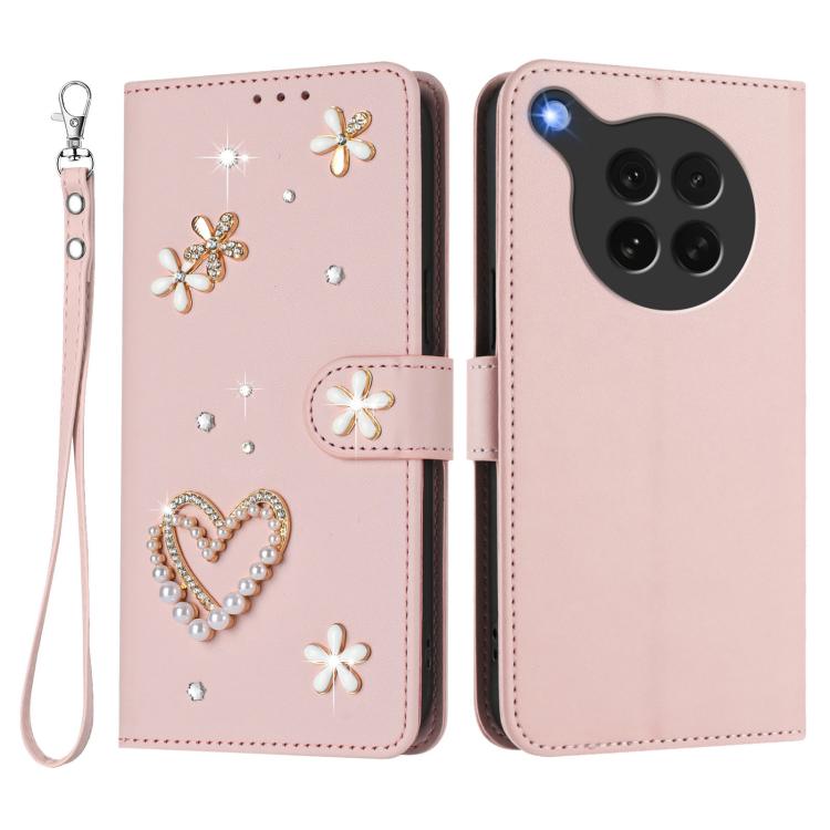 For OPPO Find X8s 5G ZS01 Double-Layer Heart Floral Vegan Leather Phone Case with Wrist Strap