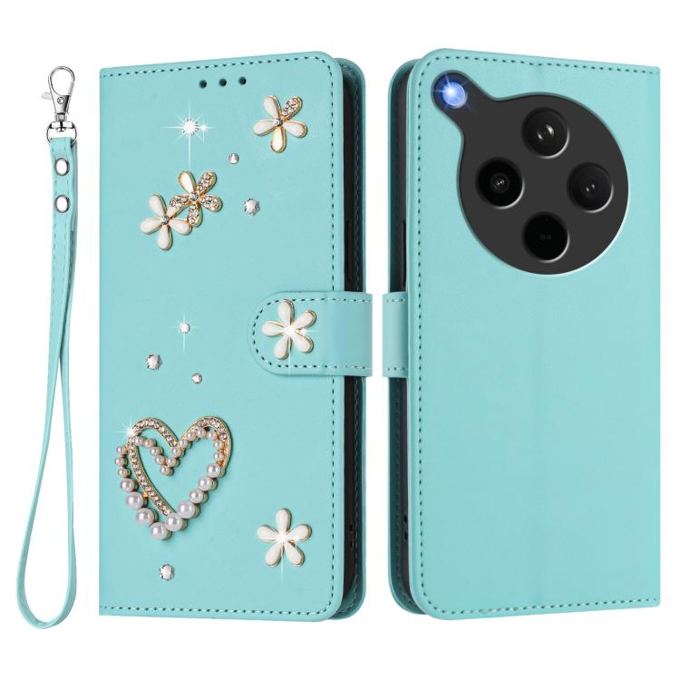 For OPPO Find X8s+ ZS01 Double-Layer Heart Floral Vegan Leather Phone Case with Wrist Strap