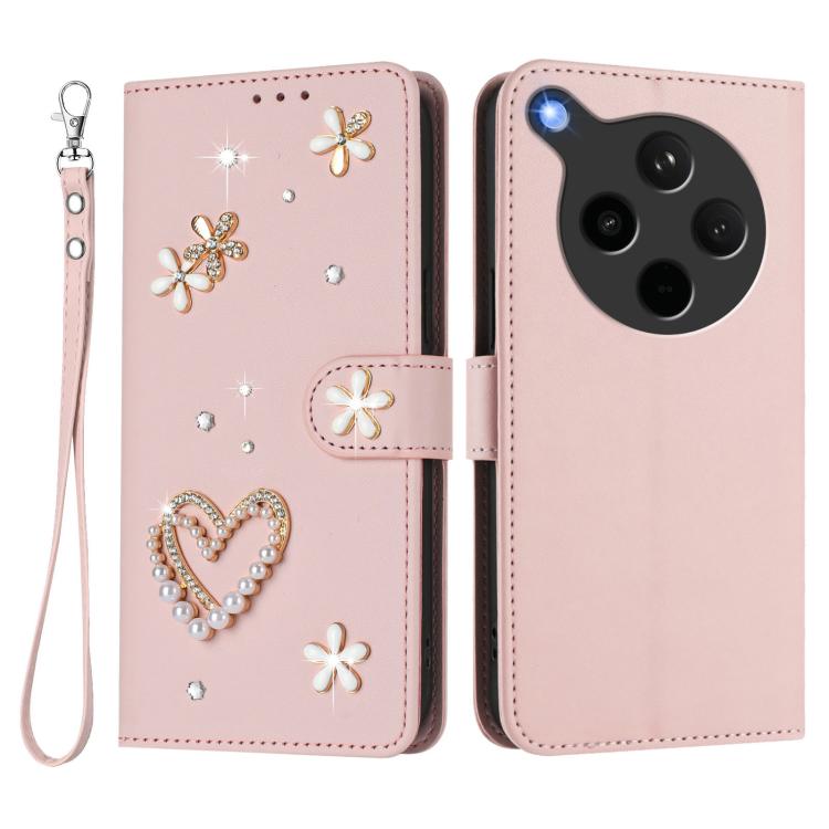 For OPPO Find X8s+ ZS01 Double-Layer Heart Floral Vegan Leather Phone Case with Wrist Strap