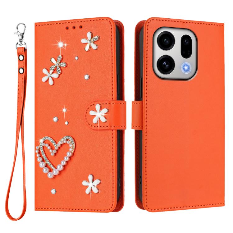 For OPPO Find X9 ZS01 Double-Layer Heart Floral Vegan Leather Phone Case with Wrist Strap