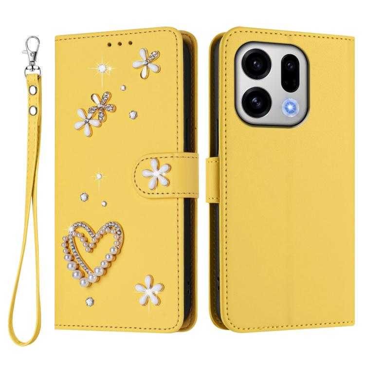 For OPPO Find X9 ZS01 Double-Layer Heart Floral Vegan Leather Phone Case with Wrist Strap